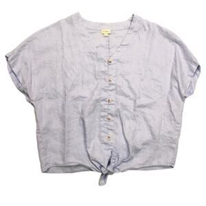 Cremieux Top 100% Linen‎ Tie Button Front V-Neck Blouse Women's L Casual Shirt